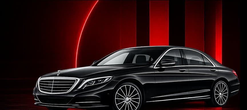 Black chauffeur saloon against a red neon backdrop